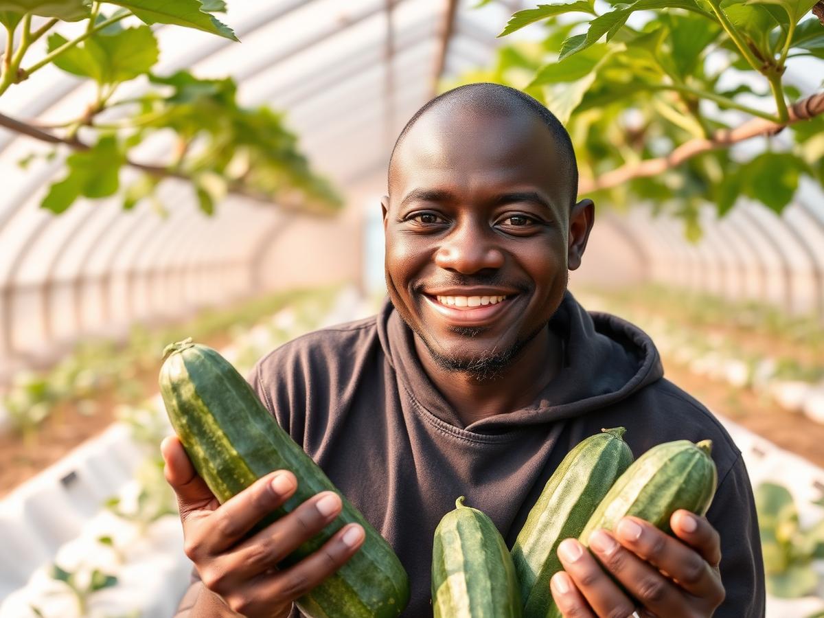 Farmer with fresh cucumbers